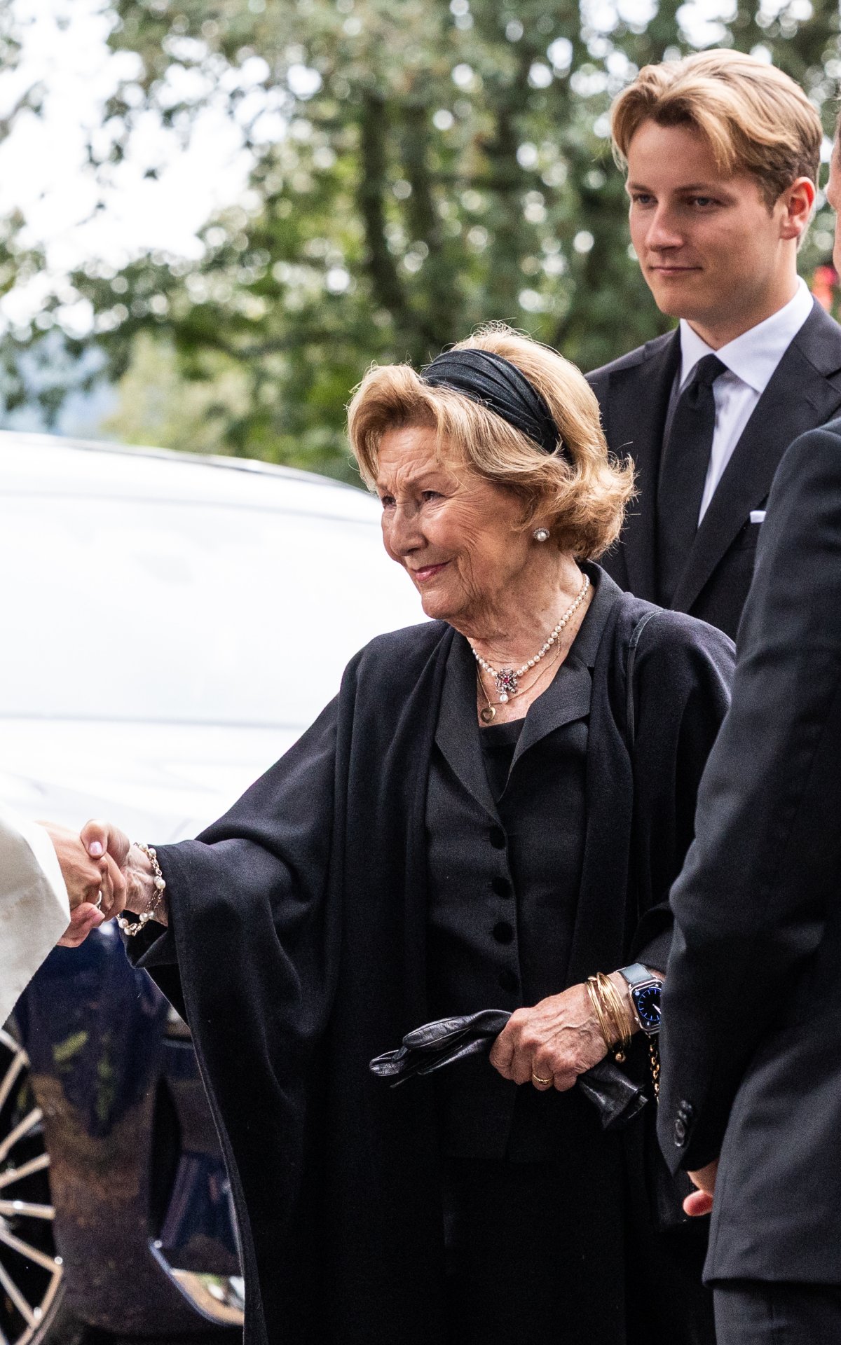 Queen Sonja of Norway, with Prince Sverre Magnus, departs following a memorial service for King Harald V in Asker on August 30, 2026 (Per Ole Hagen/Getty Images)