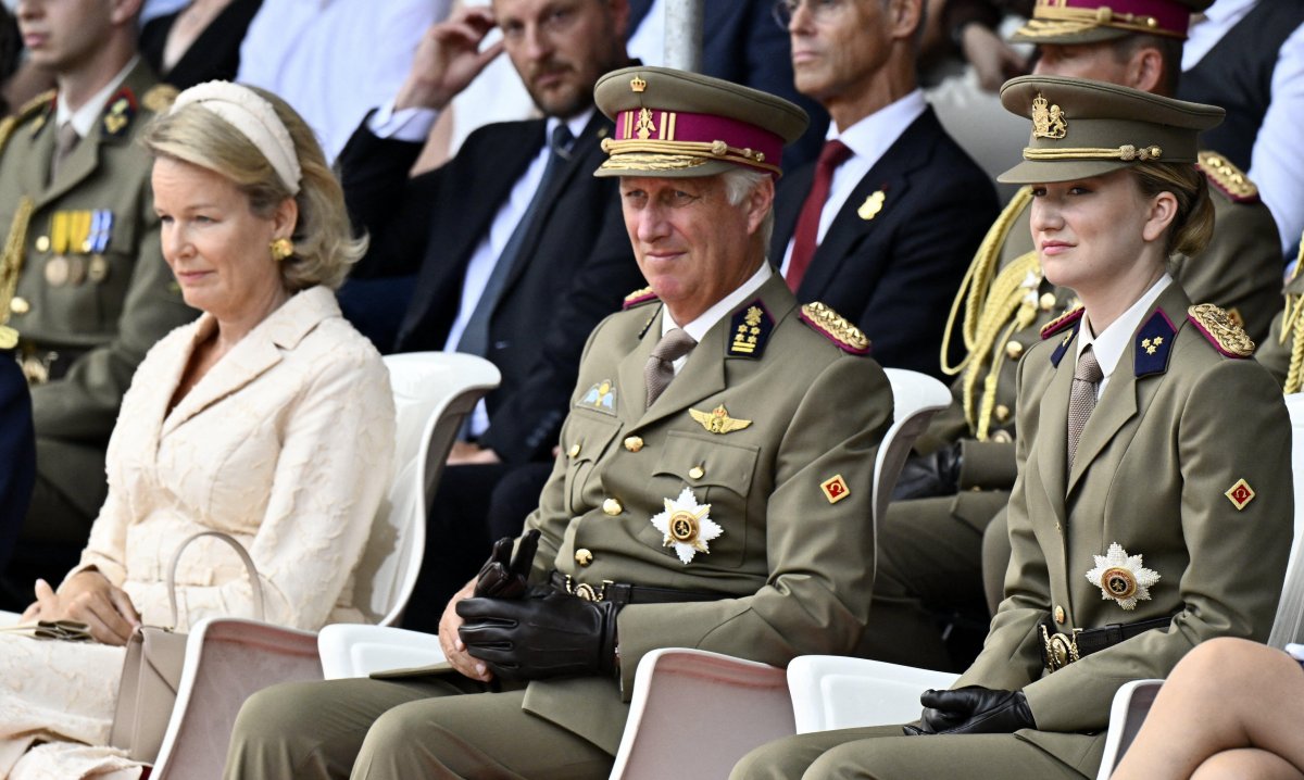 The King and Queen of the Belgians, with the Duchess of Brabant, celebrate Prince Gabriel's graduation from the Royal Military Academy in Brussels on August 27, 2026 (ERIC LALMAND/Belga News Agency/Alamy)