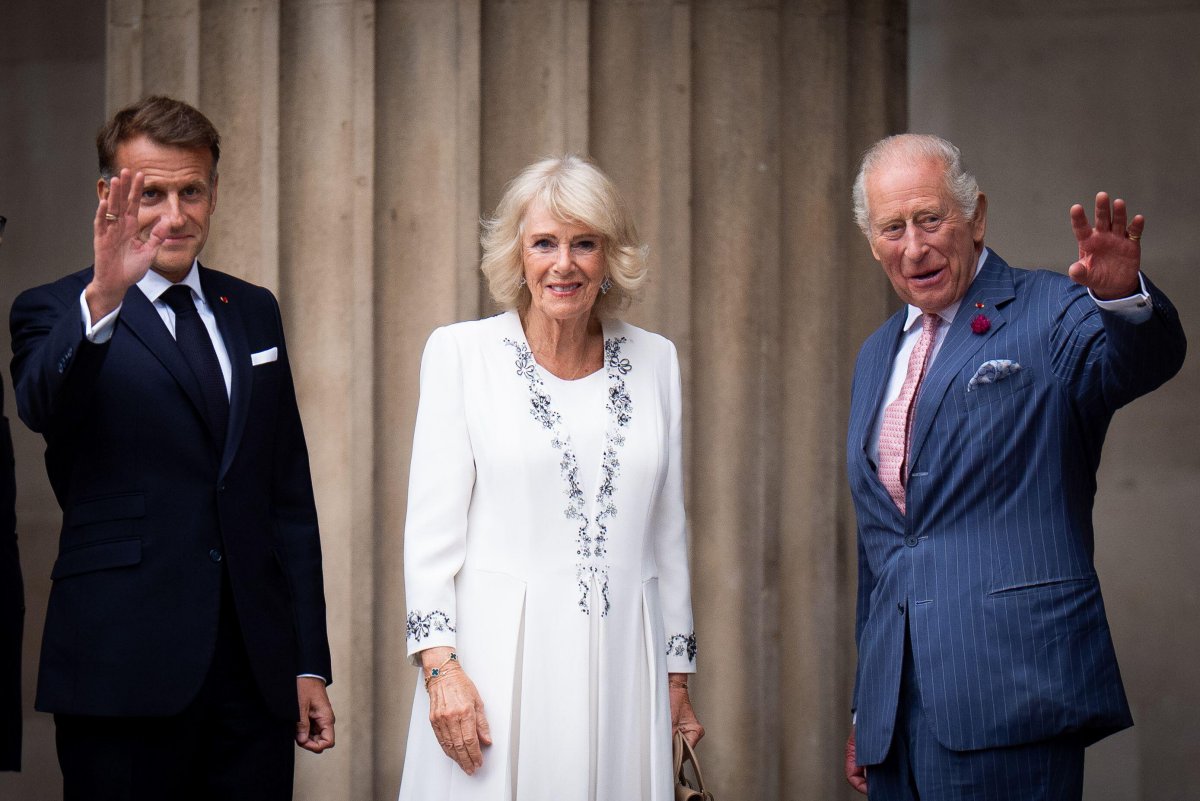 King Charles III and Queen Camilla, with President Emmanuel Macron and First Lady Brigitte Macron of France, visit the Bayeux Tapestry exhibition at the British Museum in London on September 2, 2026 (Aaron Chown/PA Images/Alamy)