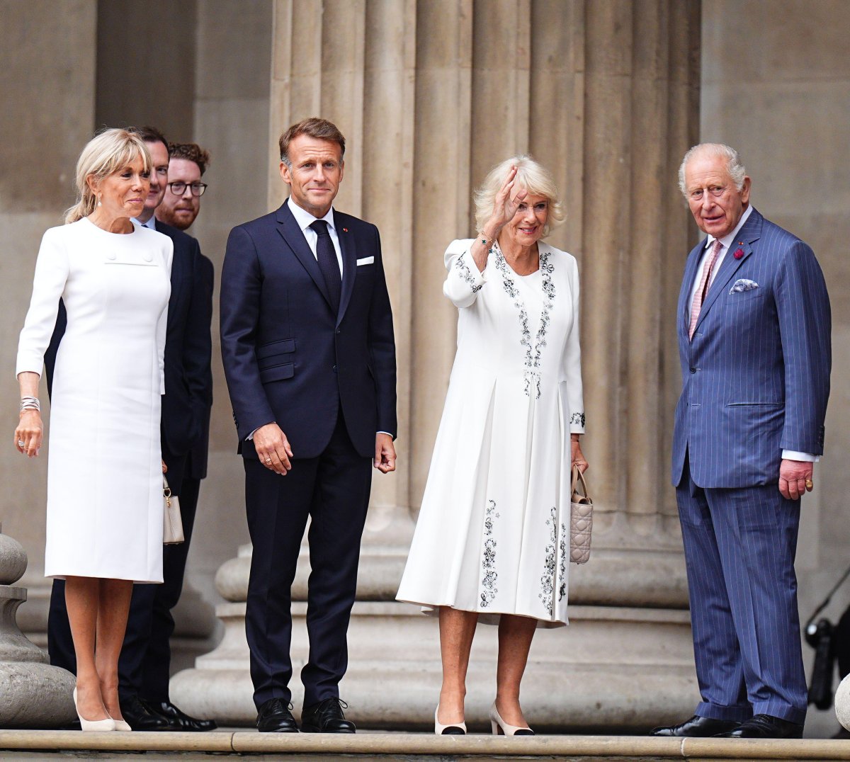 King Charles III and Queen Camilla, with President Emmanuel Macron and First Lady Brigitte Macron of France, visit the Bayeux Tapestry exhibition at the British Museum in London on September 2, 2026 (Aaron Chown/PA Images/Alamy)