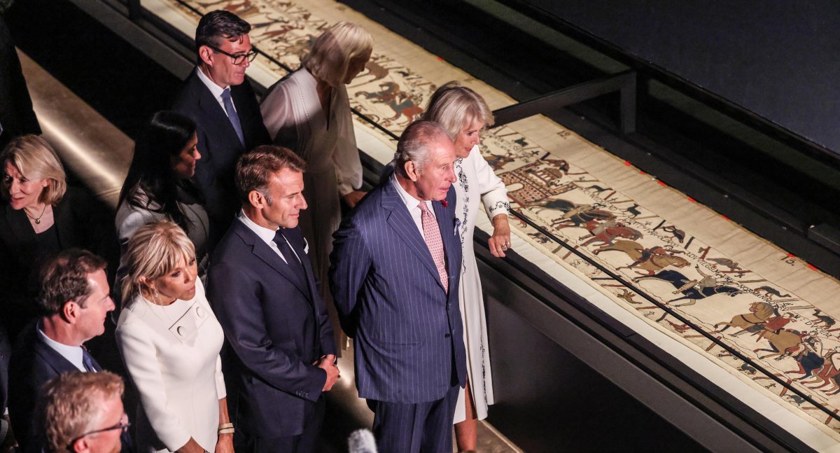 King Charles III and Queen Camilla, with President Emmanuel Macron and First Lady Brigitte Macron of France, visit the Bayeux Tapestry exhibition at the British Museum in London on September 2, 2026 (Richard Pohle/PA Images/Alamy)