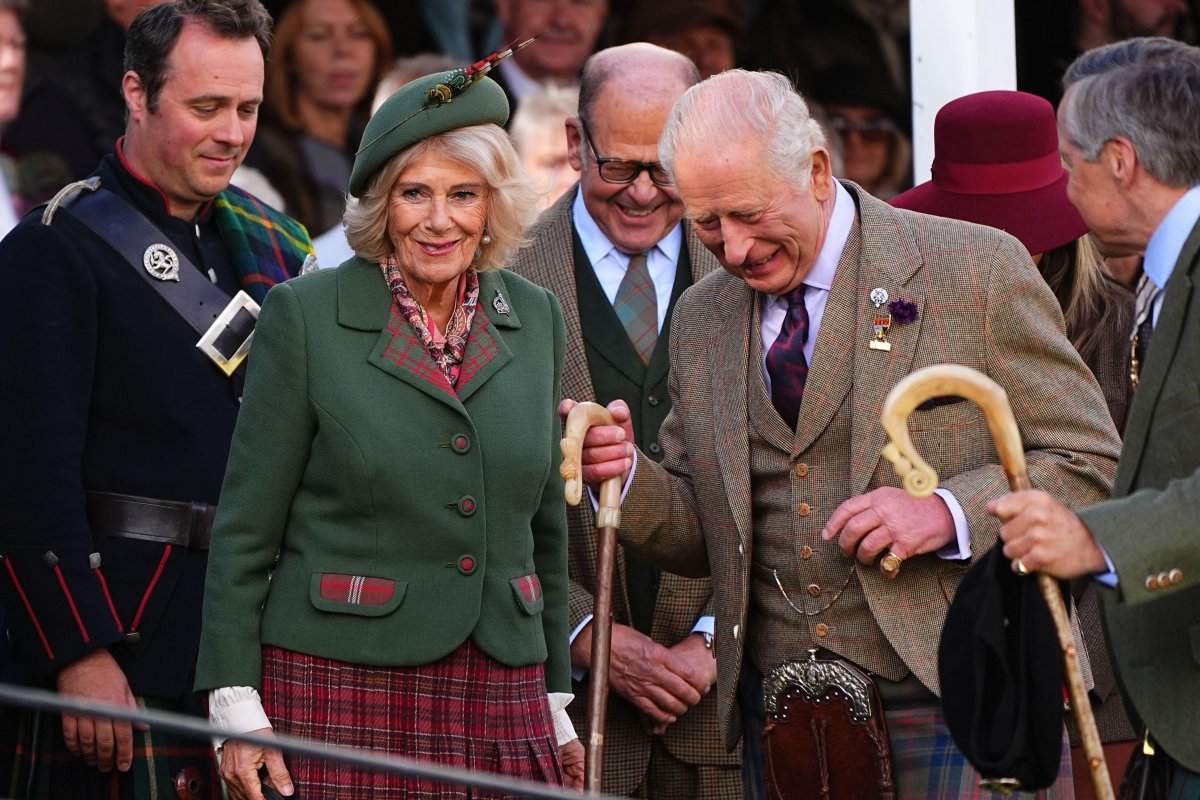 King Charles III and Queen Camilla attend the Braemar Gathering at the Princess Royal and Duke of Fife Memorial Park on September 5, 2026 (Aaron Chown/PA Images/Alamy)
