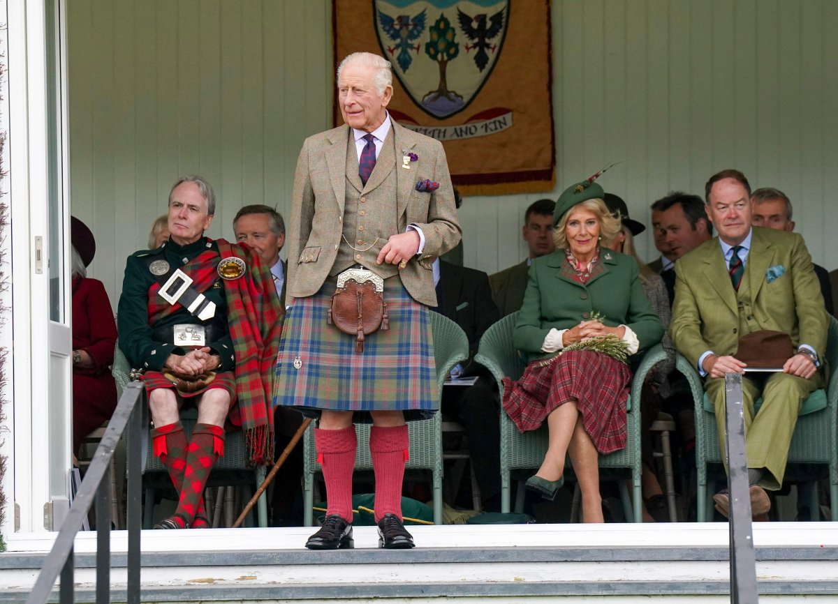 King Charles III and Queen Camilla attend the Braemar Gathering at the Princess Royal and Duke of Fife Memorial Park on September 5, 2026 (Arthur Edwards/PA Images/Alamy)