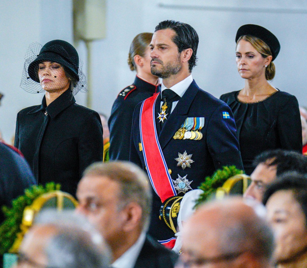 Princess Sofia, Prince Carl Philip, and Princess Madeleine of Sweden attend the funeral of King Harald V of Norway in Oslo on September 9, 2026 (Stian Lysberg Solum/NTB/Alamy)