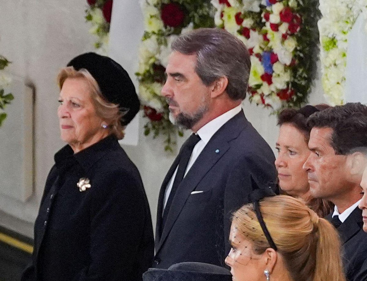 Queen Anne-Marie, Prince Nikolaos, Princess Alexia, and Carlos Morales Quintana attend the funeral of King Harald V of Norway in Oslo on September 9, 2026 (Lise Åserud/NTB/Alamy)