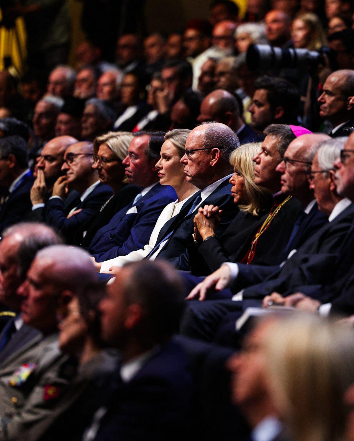 The Grand Duke of Luxembourg and the Prince and Princess of Monaco listen as Pope Leo XIV speaks during the "At the Roots of Europe: For Peace and Unity" meeting at the Robert Schuman Conference Centre in Metz on September 28, 2026 (PHOTOPQR/Alamy)