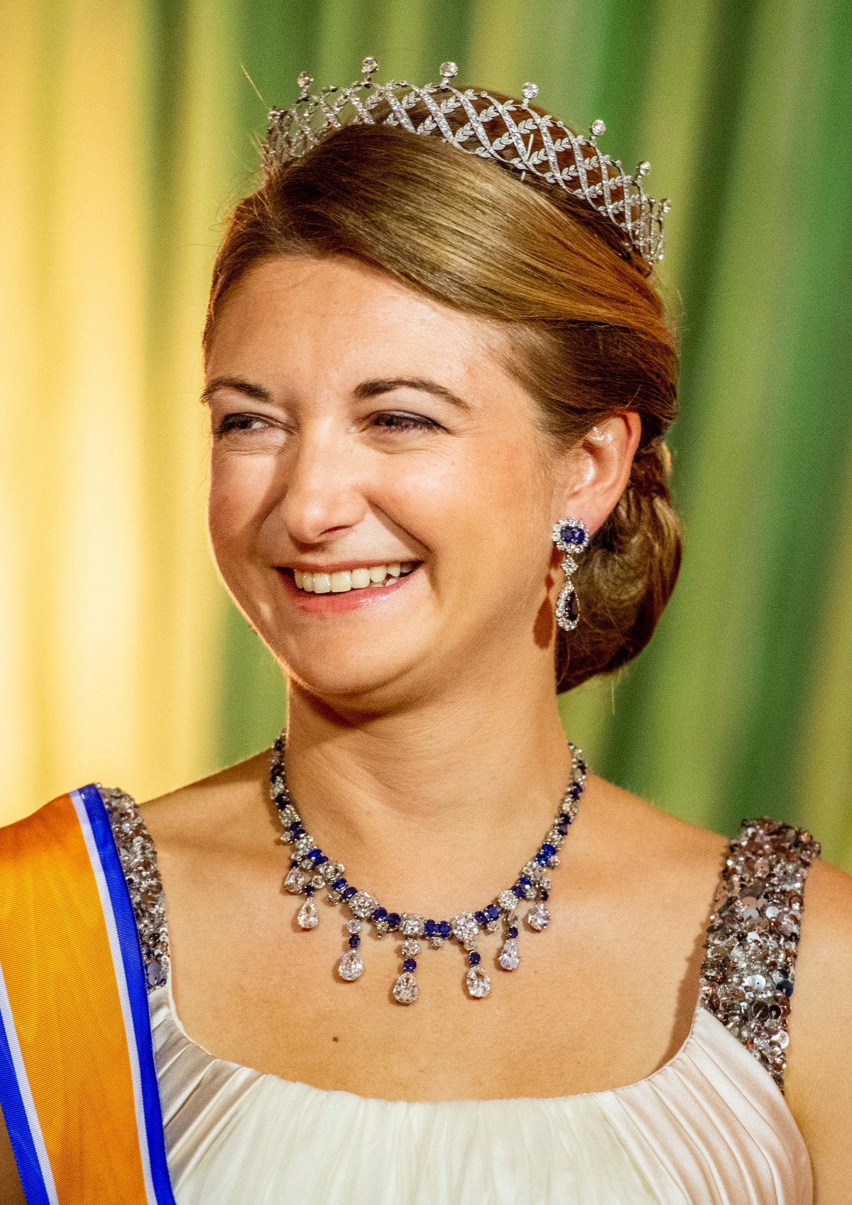 Hereditary Grand Duchess Stephanie of Luxembourg attends a state banquet in honor of the King and Queen of the Netherlands at the Grand Ducal Palace in Luxembourg on May 23, 2018 (Patrick van Katwijk/DPA Picture Alliance/Alamy)