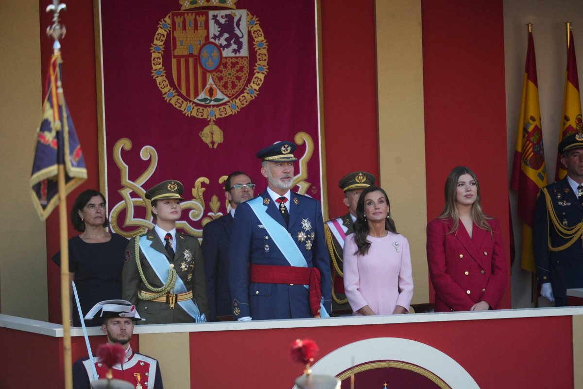 The King and Queen of Spain, with the Princess of Asturias and Infanta Sofia, attend the National Day military parade in Madrid on October 12, 2026 (Cordon Press/Alamy)