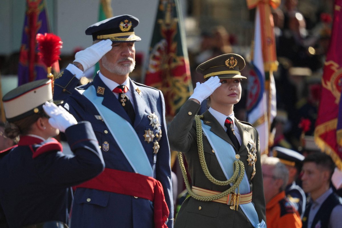The King and Queen of Spain, with the Princess of Asturias and Infanta Sofia, attend the National Day military parade in Madrid on October 12, 2026 (Cordon Press/Alamy)