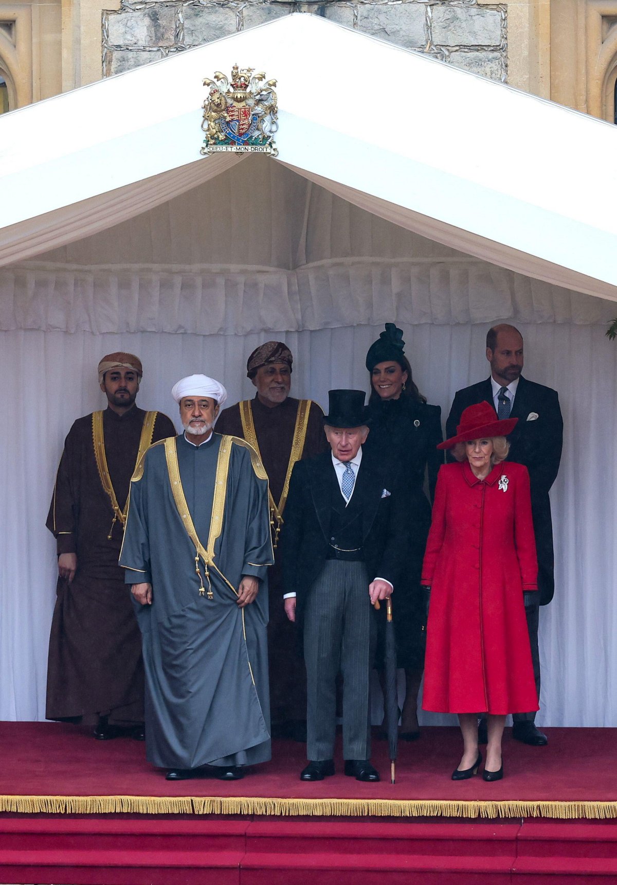 The King and Queen of the United Kingdom, with the Prince and Princess of Wales, welcome the Sultan of Oman at the start of his state visit to Britain on October 20, 2026 (Chris Jackson/PA Images/Alamy)