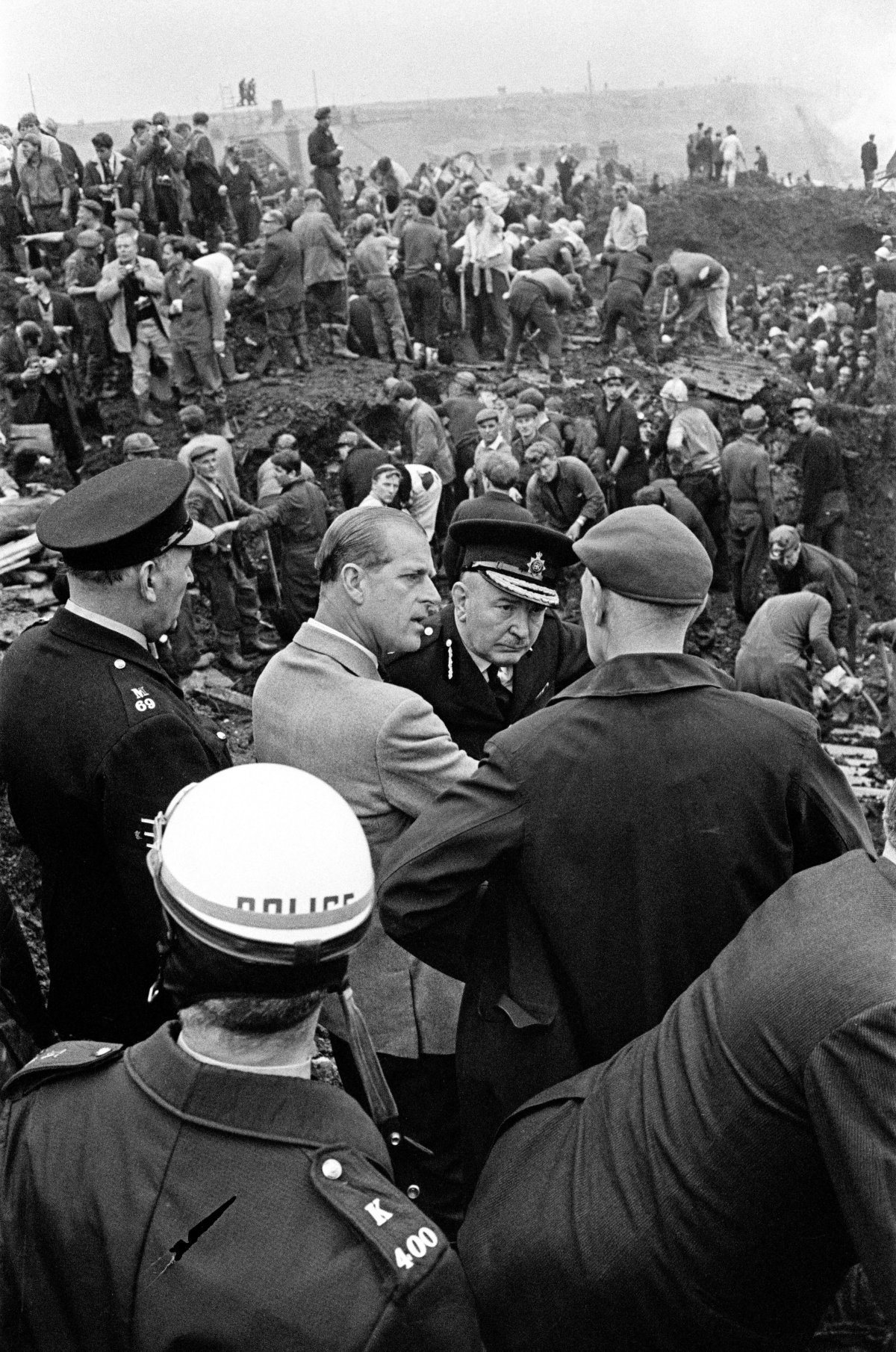 The Duke of Edinburgh is pictured at the site of the Pantglas Junior School in Aberfan on October 22, 1966 (Mirrorpix/Alamy)